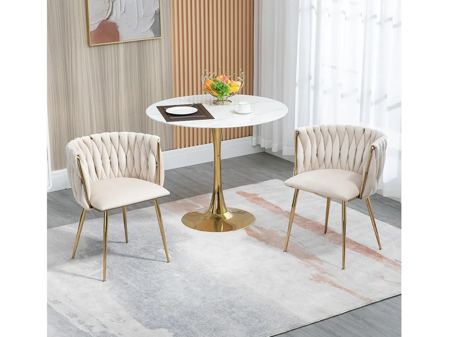 Juego de 2 sillas de comedor con respaldo trenzado y patas de metal dorado - terciopelo marfil