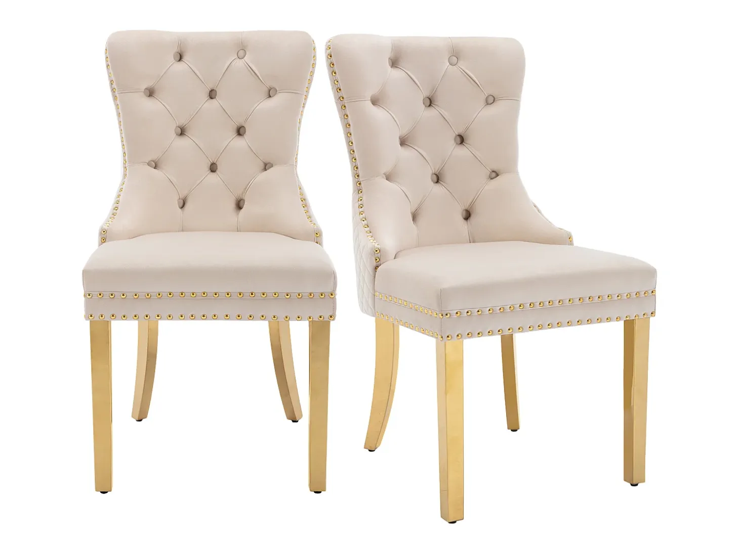 Juego de 2 sillas de comedor - Silla tapizada con tachuelas decorativas y patas de metal dorado - terciopelo beige