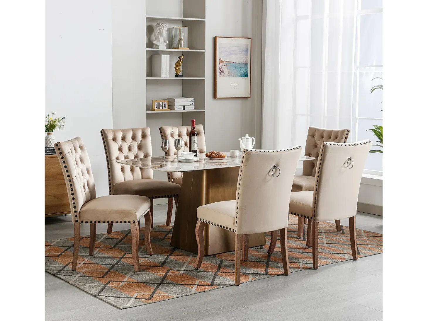 Juego de 6 sillas de comedor acolchadas de terciopelo - Patas de nogal macizo - Decoración con botones - Beige