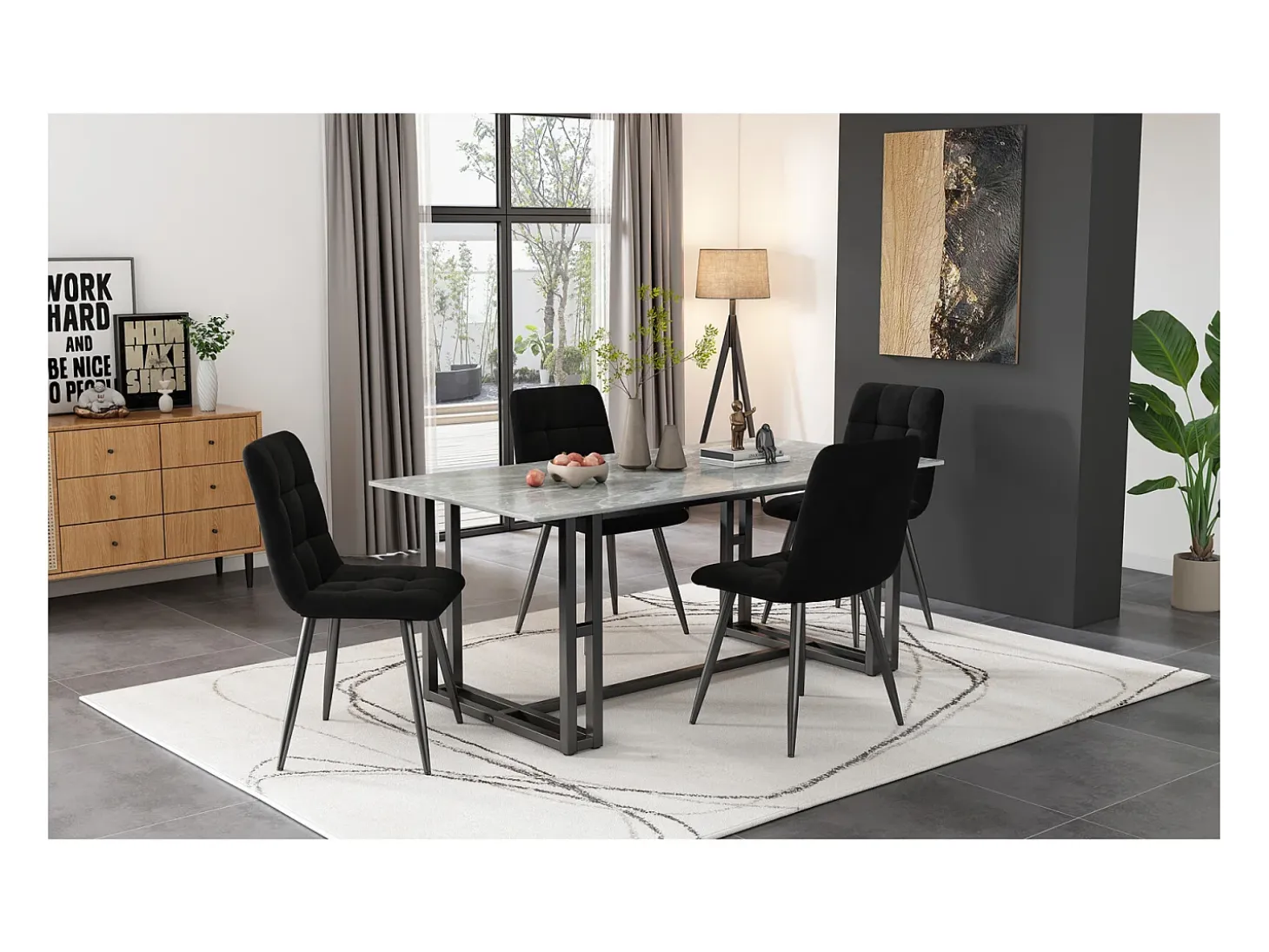 Juego de 4 sillas de comedor con respaldo, estructura de metal, terciopelo negro.