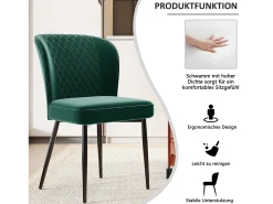 Juego de 4 sillas de comedor, verde oscuro, diseño de silla tapizada con respaldo, terciopelo, estructura de metal