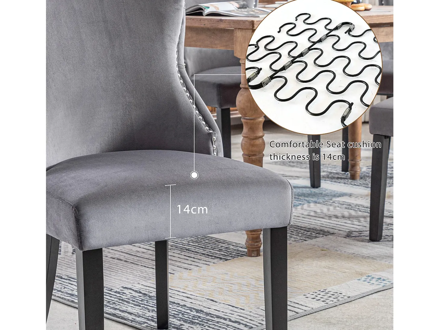 Juego de 6 sillas de comedor, terciopelo gris, con costuras de botones, estructura de madera maciza