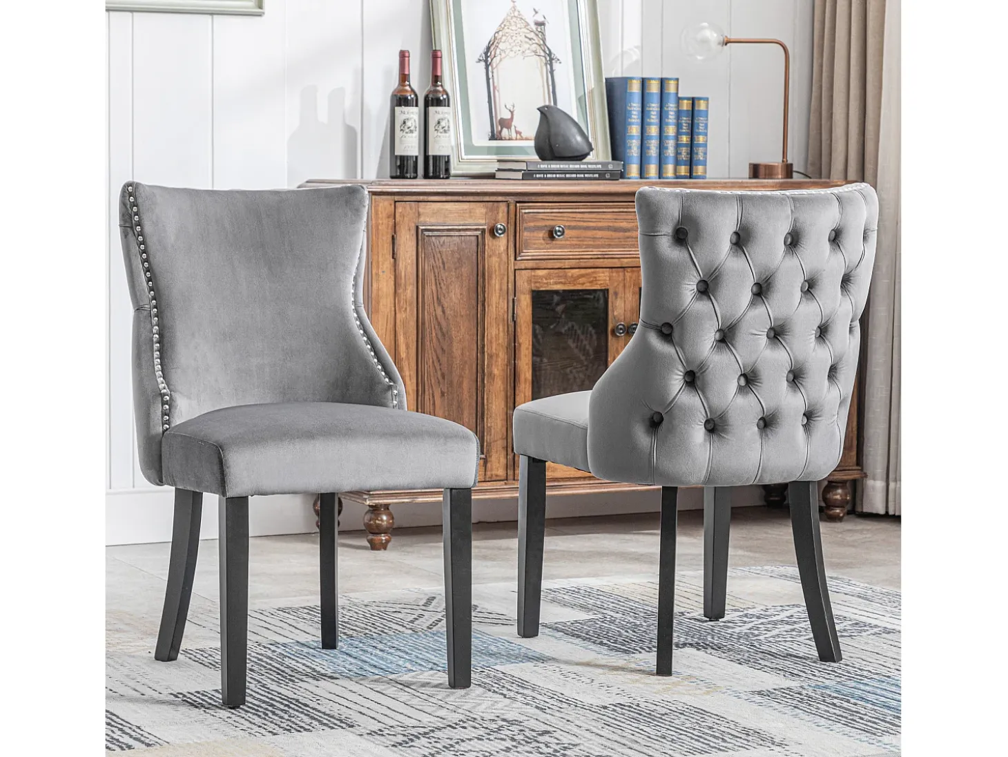 Juego de 6 sillas de comedor, terciopelo gris, con costuras de botones, estructura de madera maciza