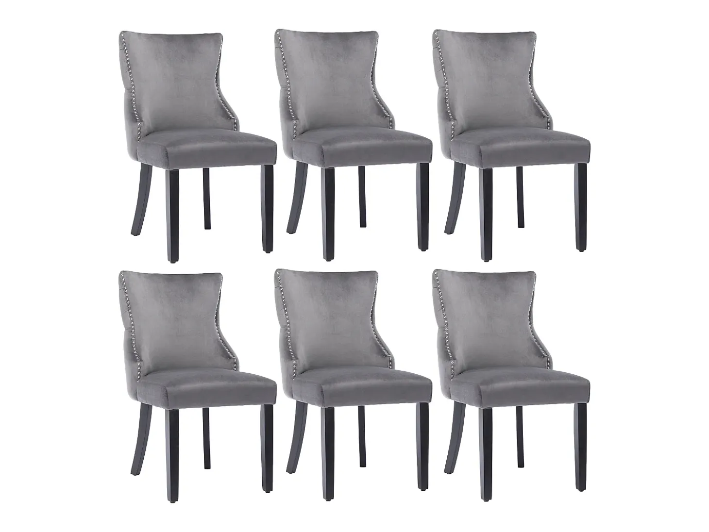 Juego de 6 sillas de comedor, terciopelo gris, con costuras de botones, estructura de madera maciza