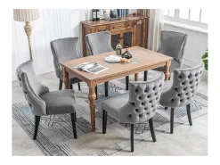 Juego de 6 sillas de comedor, terciopelo gris, con costuras de botones, estructura de madera maciza
