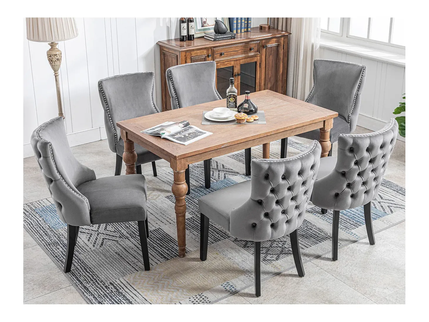 Juego de 6 sillas de comedor, terciopelo gris, con costuras de botones, estructura de madera maciza