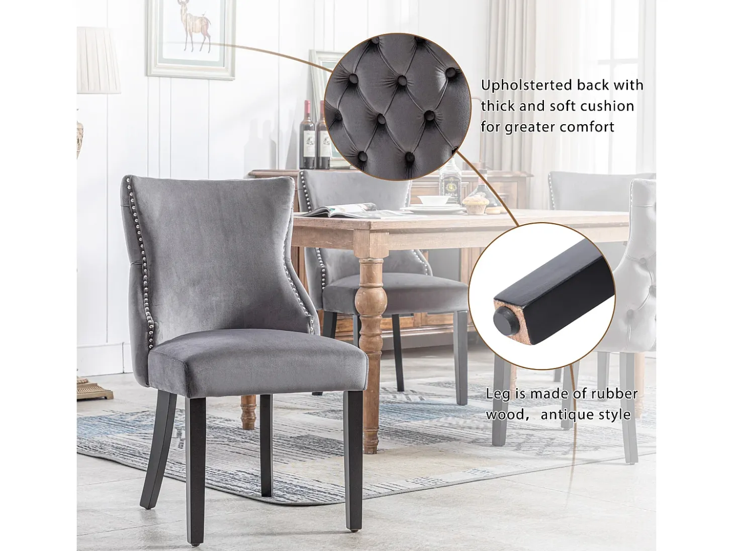 Juego de 6 sillas de comedor, terciopelo gris, con costuras de botones, estructura de madera maciza