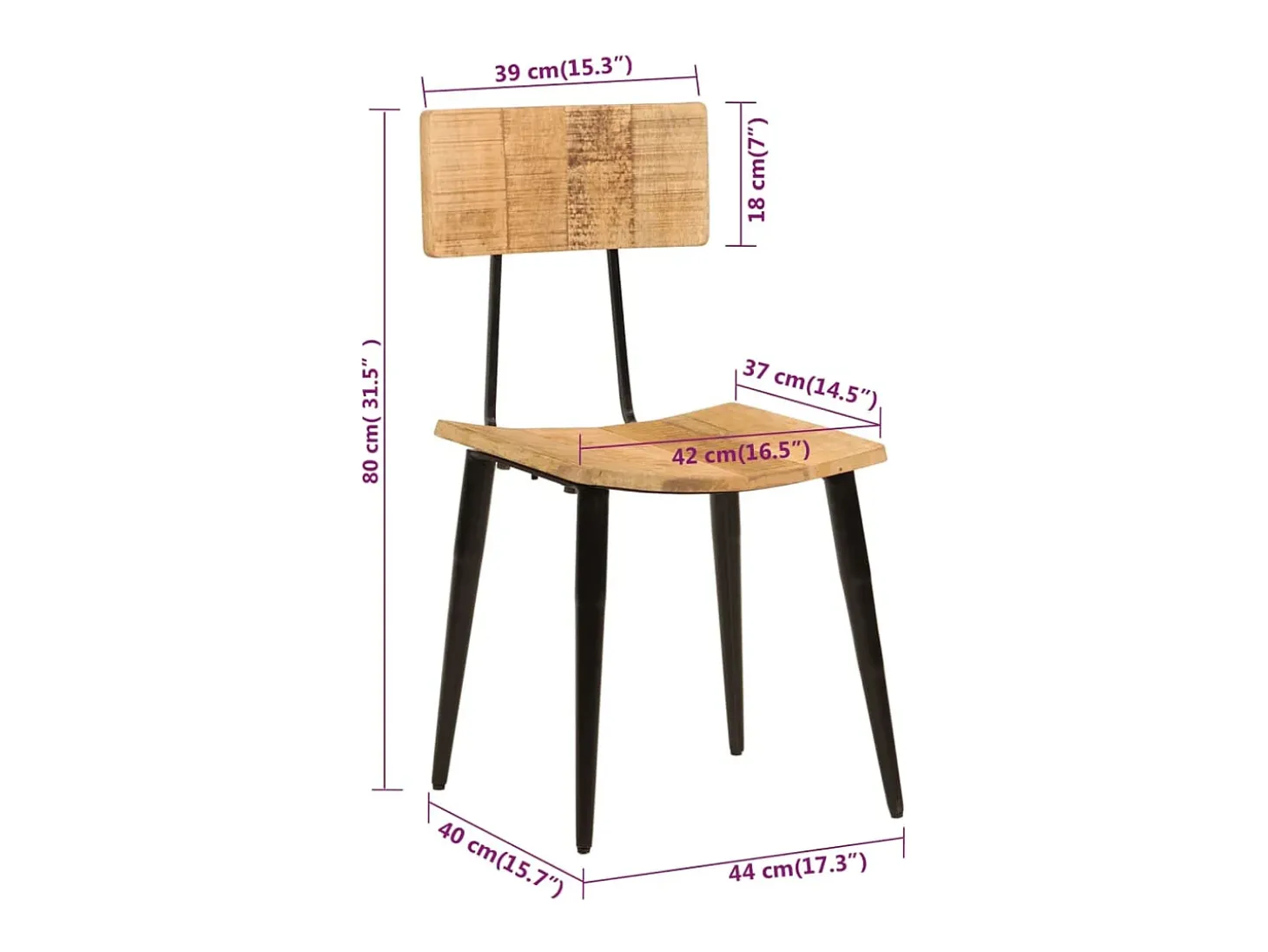 Juego de 2 sillas de comedor 44x40x80 cm Madera maciza de mango