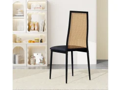 Juego de 2 sillas de comedor de ratán acolchado sin reposabrazos y con patas de metal, color negro