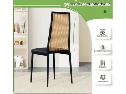 Juego de 2 sillas de comedor de ratán acolchado sin reposabrazos y con patas de metal, color negro