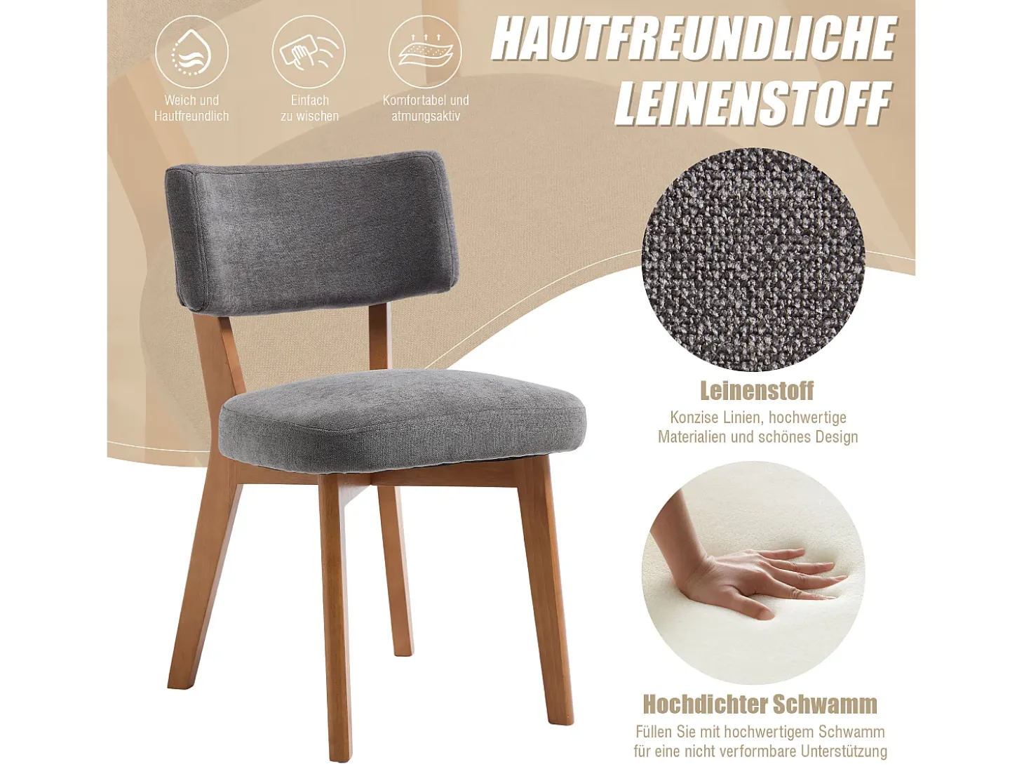 Juego de 2 sillas de madera - cojín gris - elegantes y cómodas - perfectas para comedor o cocina