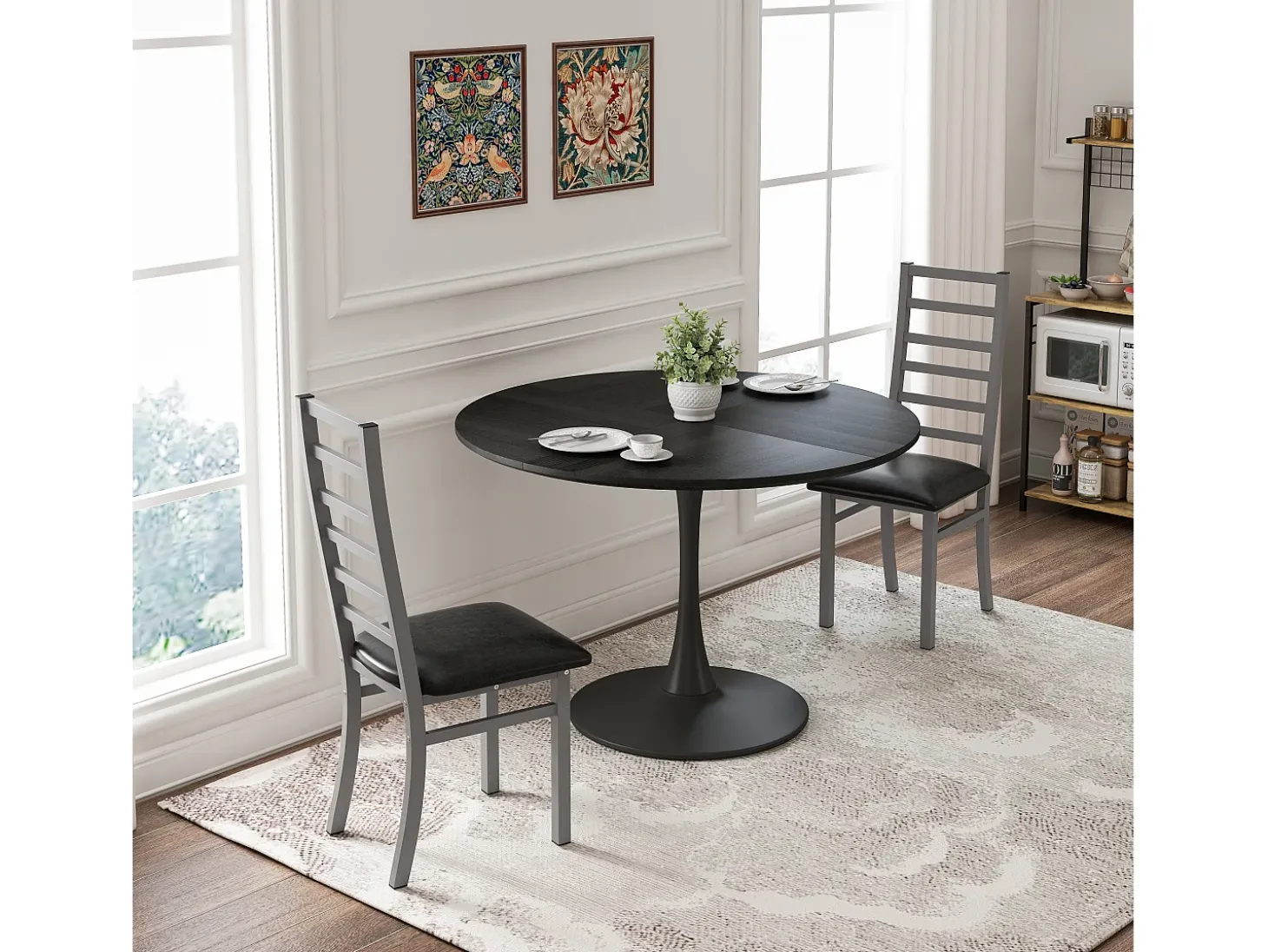 Juego de 2 sillas de PU gris con patas de metal y respaldo alto