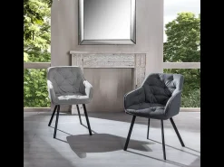 Juego de 4 sillas de salón "Dalia" tapizadas en tela gris claro con patas de metal pintado, 55x60 cm, 79h