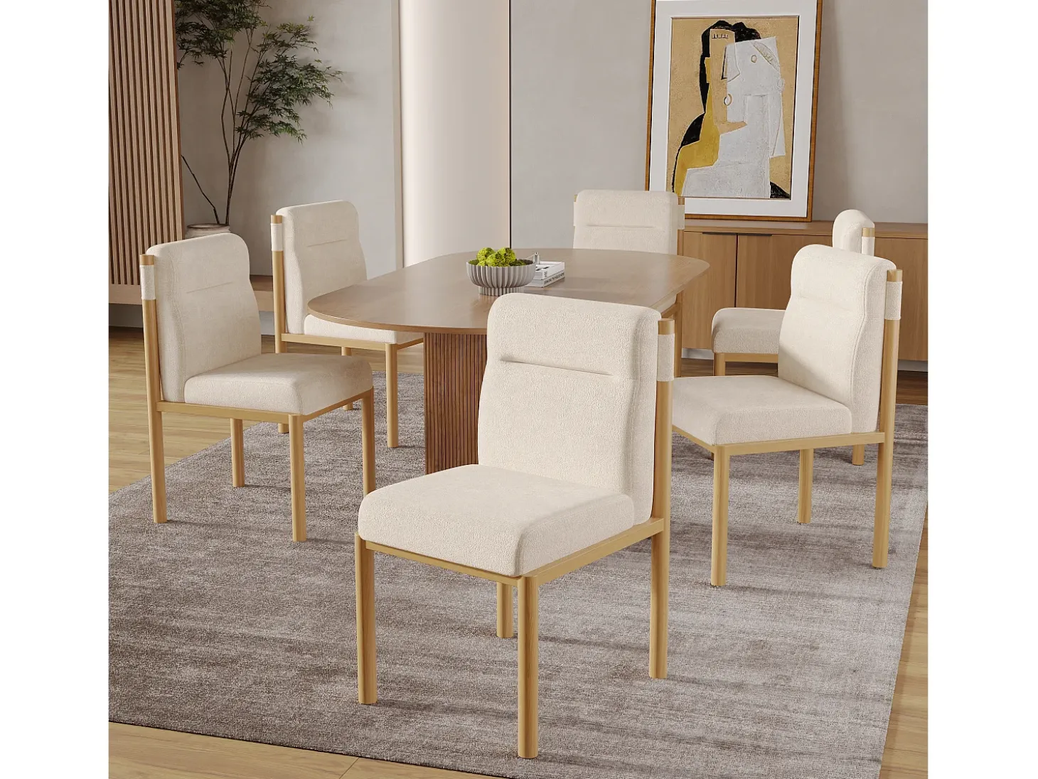 Juego de 6 sillas de tela sherpa beige - Asientos gruesos - Patas de madera