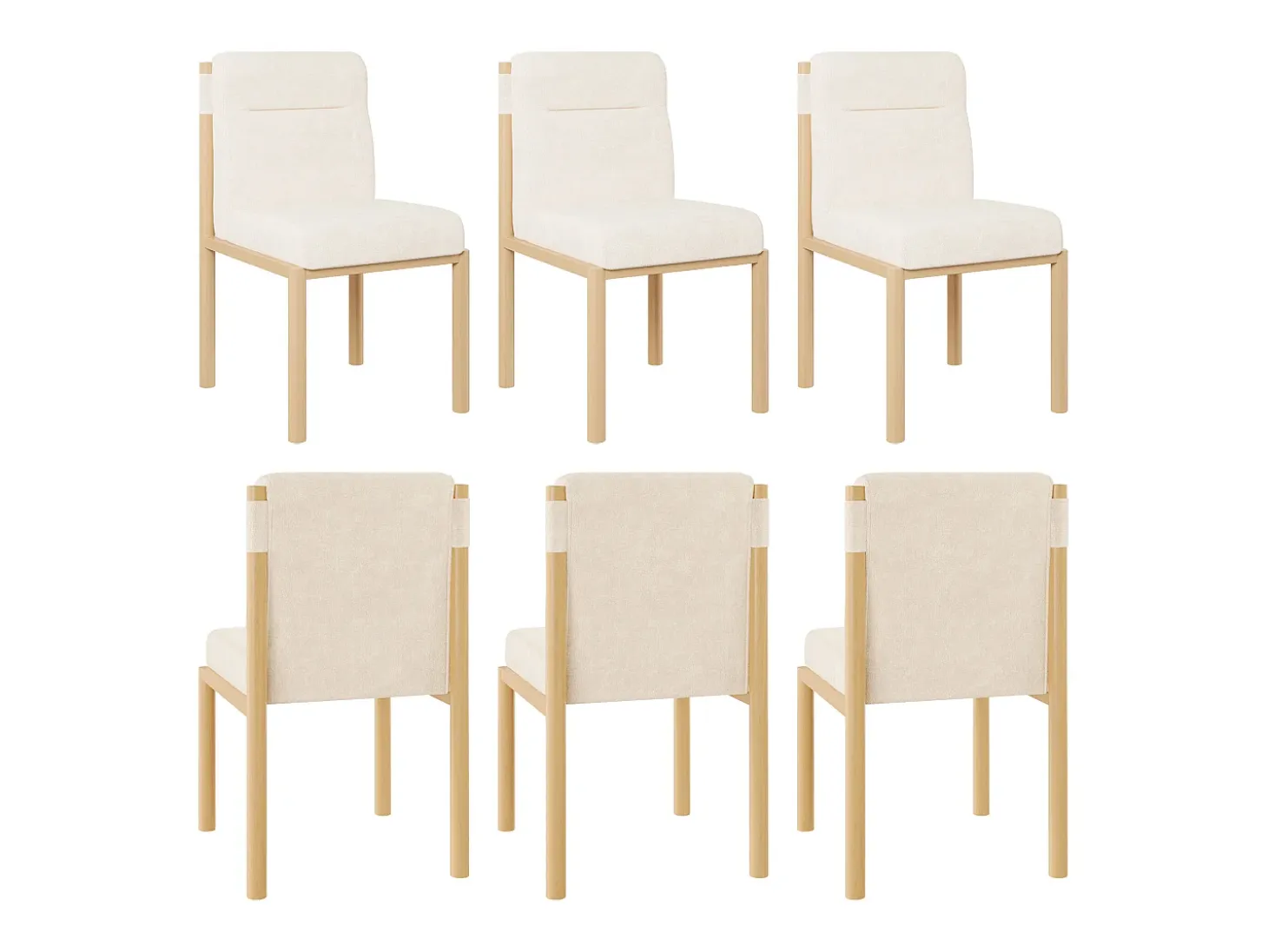 Juego de 6 sillas de tela sherpa beige - Asientos gruesos - Patas de madera