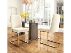 Juego de 4 sillas de terciopelo beige - Patas de metal dorado - Respaldo con estampado de rombos