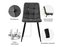 Juego de 4 sillas de terciopelo - estructura de metal - diseño ergonómico - patas de metal - color gris