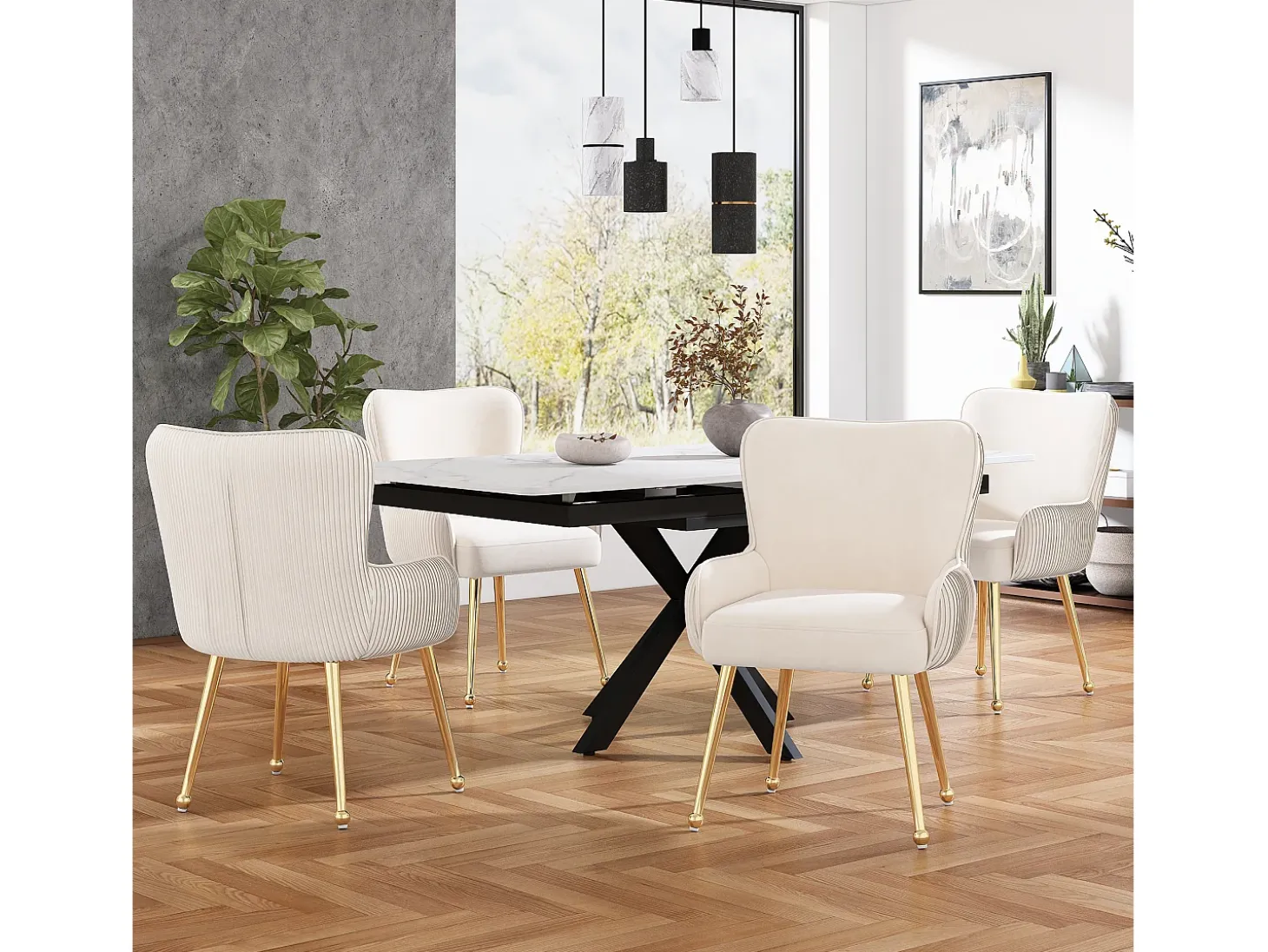 Juego de 6 sillas de terciopelo con reposabrazos y patas de metal dorado – beige y dorado