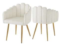 Juego de 4 sillas de terciopelo - Respaldo en forma de abanico - Estructura de hierro bañado en oro - Blanco y dorado