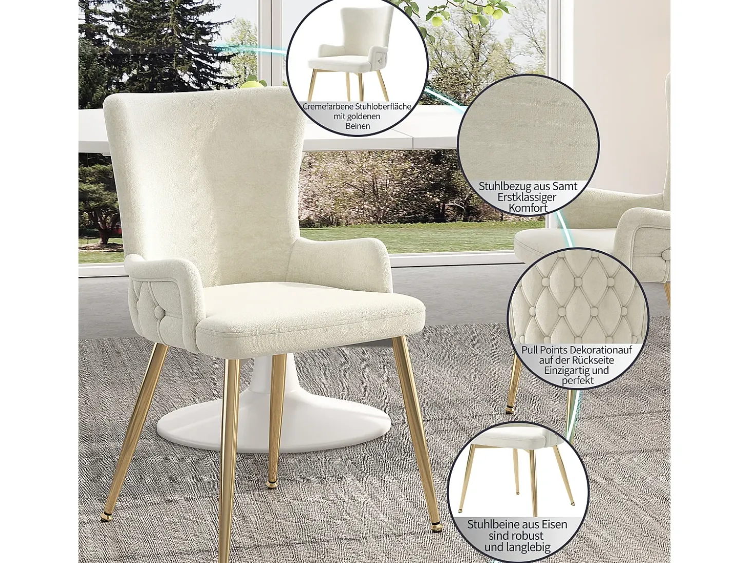 Juego de 4 sillas de terciopelo beige - Respaldo con estampado de rombos - Patas de metal dorado