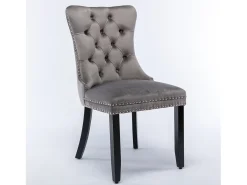 Juego de 2 sillas de terciopelo - Patas de madera y clavos decorativos - Gris