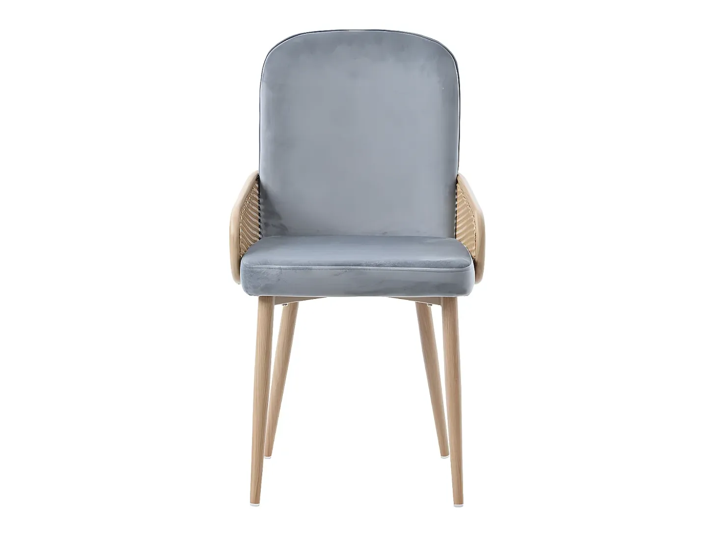 Juego de 2 sillas de terciopelo con reposabrazos de ratán - 4 patas de metal natural - Gris