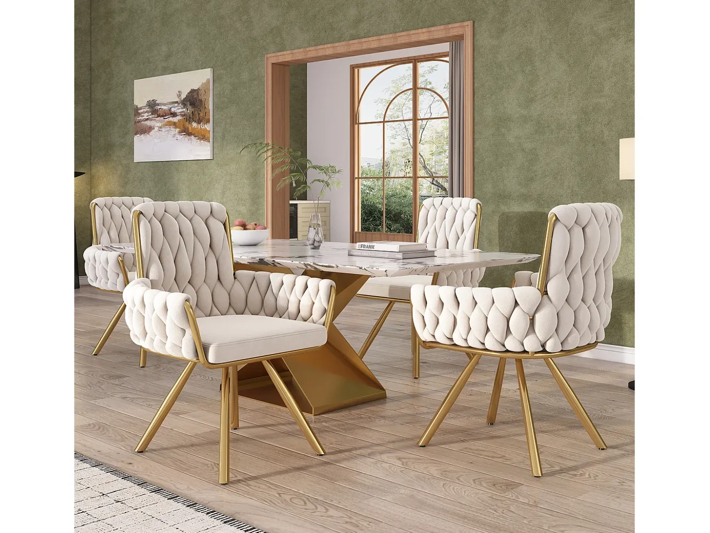 Juego de 2 sillas de terciopelo, respaldo alto con reposabrazos, base de metal, giratorias 360° – beige
