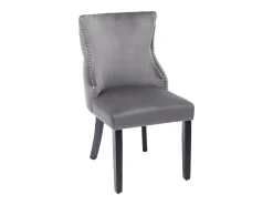 Juego de 2 sillas de terciopelo gris con patas de madera gris, botones decorativos y remaches plateados.