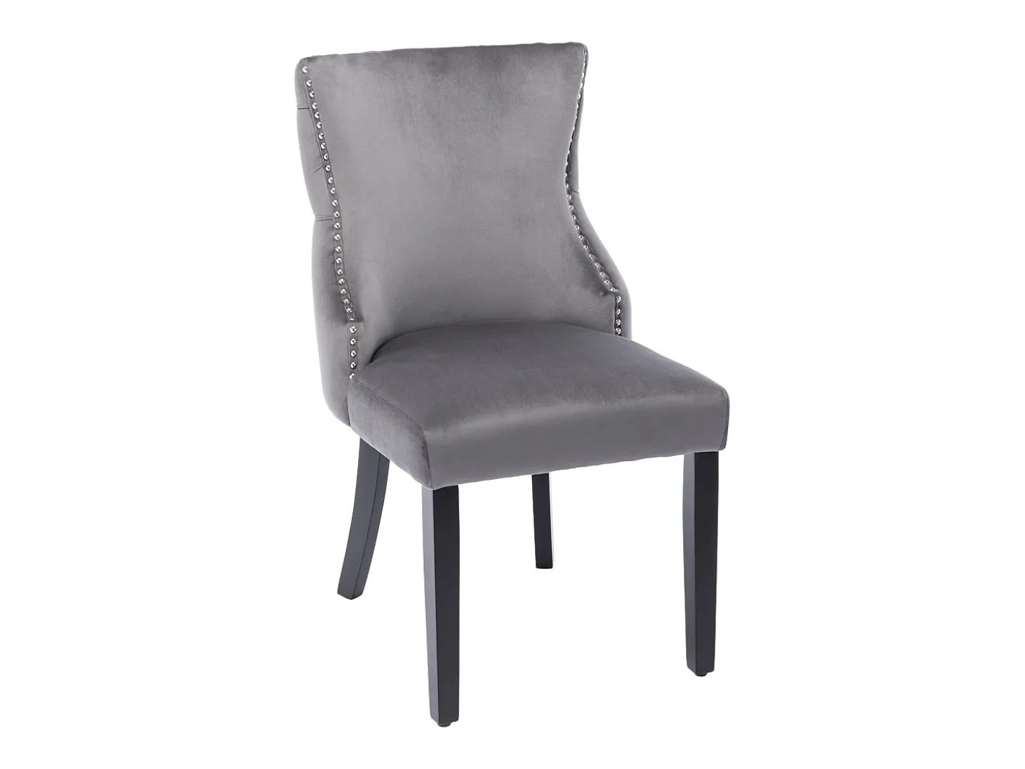 Juego de 2 sillas de terciopelo gris con patas de madera gris, botones decorativos y remaches plateados.