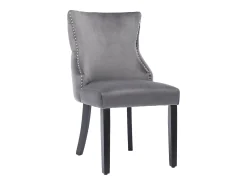 Juego de 2 sillas de terciopelo gris con patas de madera gris, botones decorativos y remaches plateados.