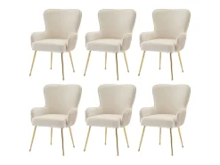 Juego de 6 sillas de terciopelo - 83 x 53 x 57 cm - Cuatro patas de metal dorado - Con reposabrazos y patas ajustables - Beige