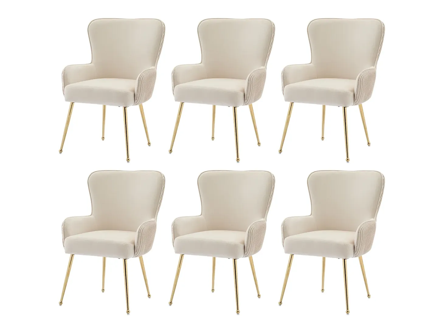 Juego de 6 sillas de terciopelo - 83 x 53 x 57 cm - Cuatro patas de metal dorado - Con reposabrazos y patas ajustables - Beige