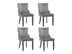 Juego de 4 sillas de terciopelo gris con patas de madera gris, botones decorativos y remaches plateados.