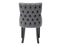 Juego de 4 sillas de terciopelo gris con patas de madera gris, botones decorativos y remaches plateados.