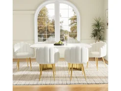 Juego de 2 sillas de terciopelo y metal, respaldo en abanico, asiento de 10 cm de grosor – beige y dorado