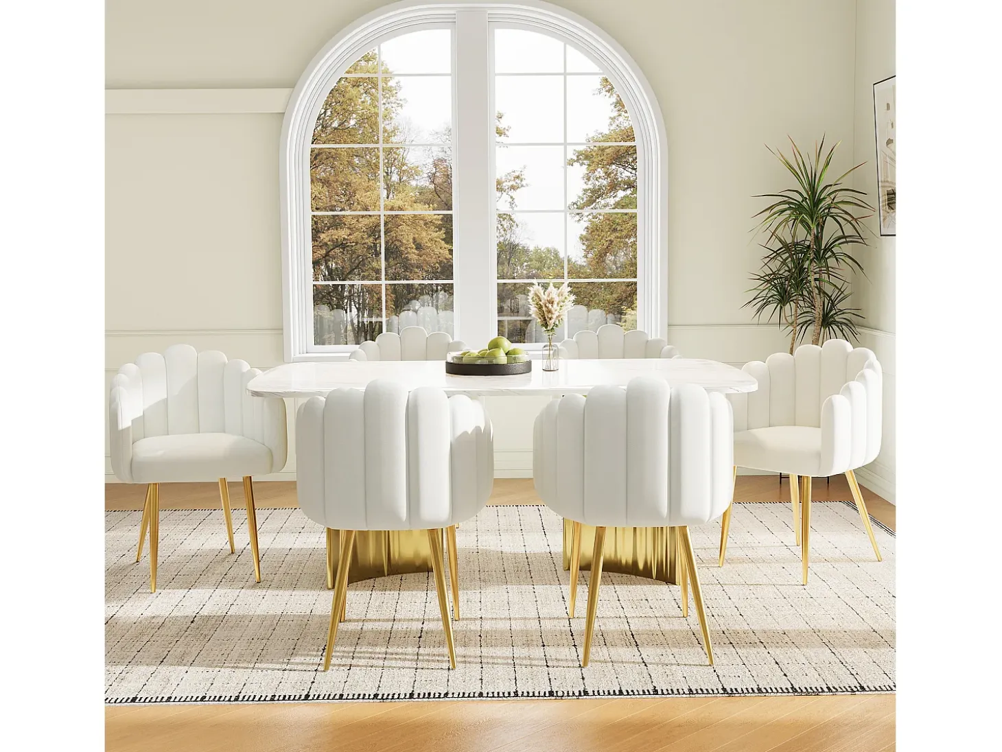 Juego de 2 sillas de terciopelo y metal, respaldo en abanico, asiento de 10 cm de grosor – beige y dorado