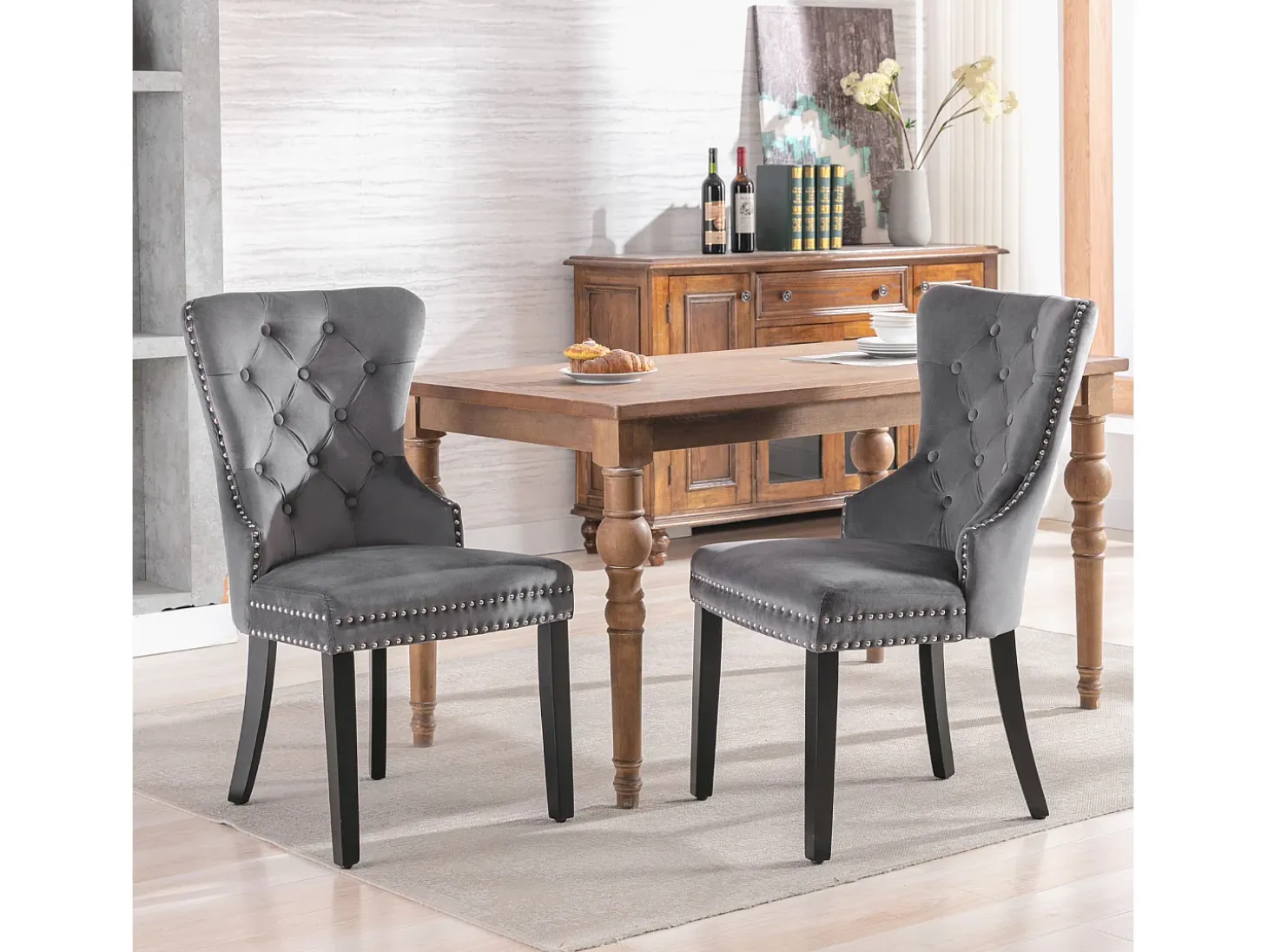 Juego de 2 sillas de terciopelo con patas de madera maciza – gris