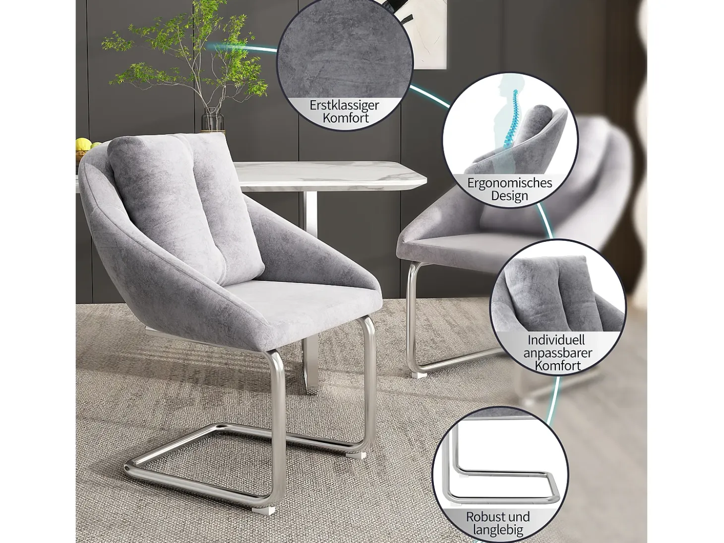 Juego de 6 sillas de terciopelo - 82 x 57 x 54 cm - con cojines - Silla giratoria de lujo para salón y dormitorio - Patas arqueadas - Gris