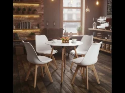 Juego de 6 sillas escandinavas blancas sin reposabrazos con cojín de cuero sintético y patas de madera maciza