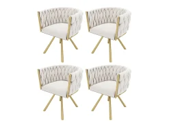 Juego de 4 sillas giratorias con patas de metal dorado y tapizadas en terciopelo beige.