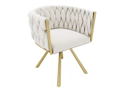 Juego de 4 sillas giratorias con patas de metal dorado y tapizadas en terciopelo beige.