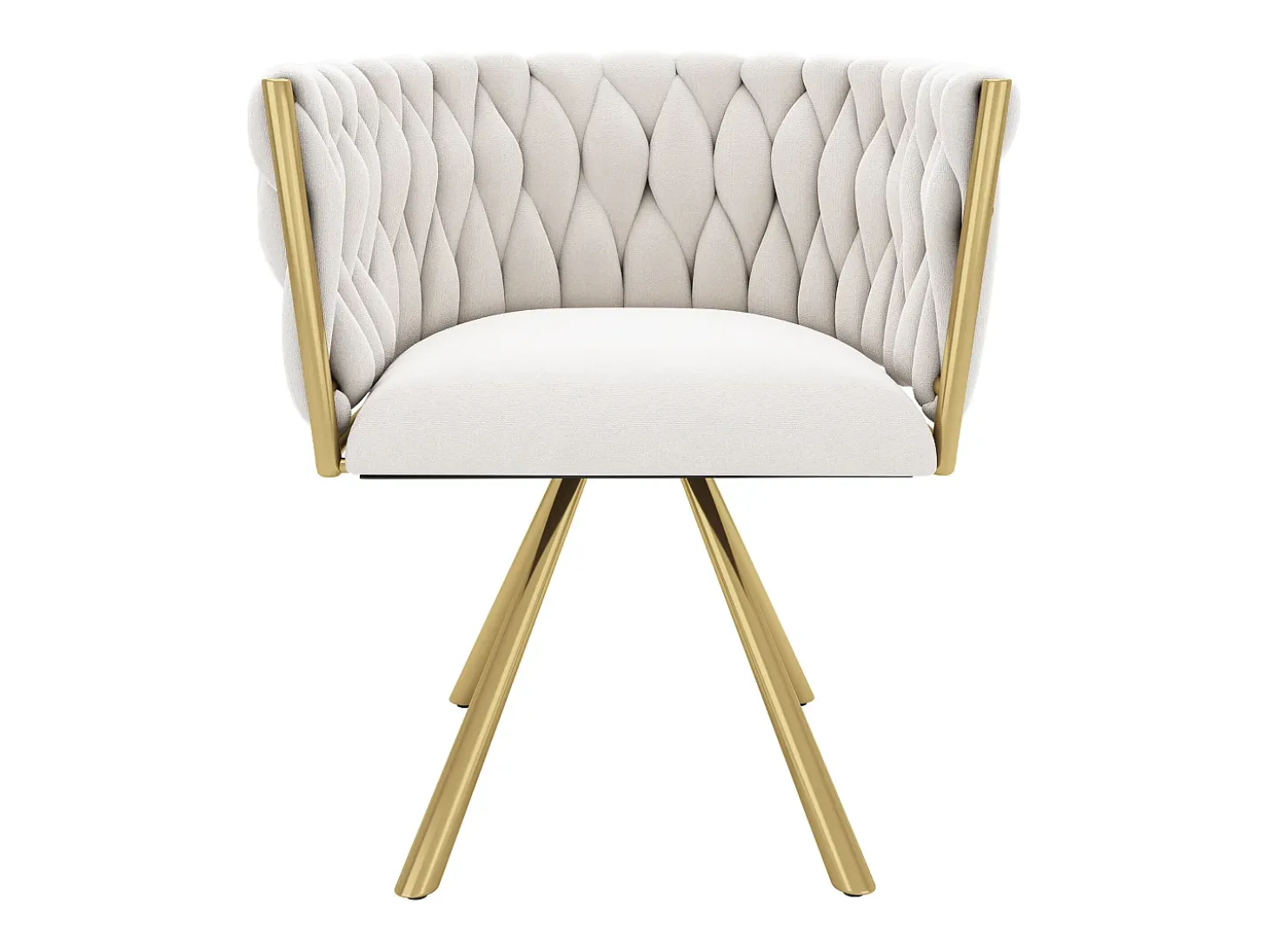 Juego de 4 sillas giratorias con patas de metal dorado y tapizadas en terciopelo beige.