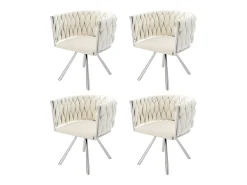Juego de 4 sillas giratorias con reposabrazos, patas metálicas plateadas y tapizadas en terciopelo beige.