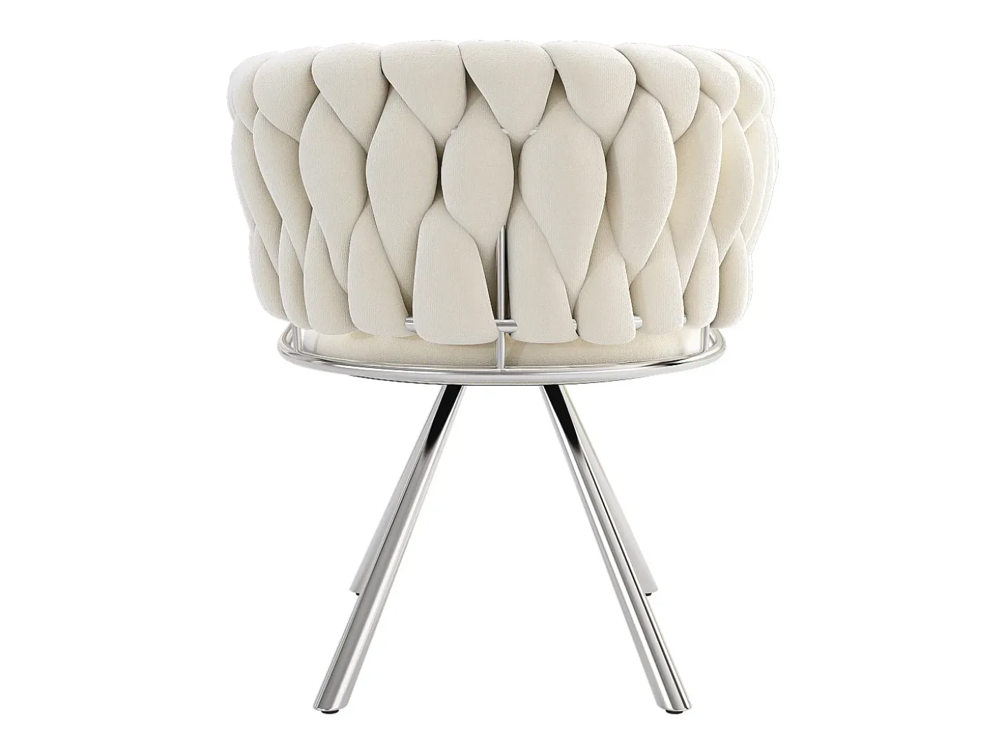Juego de 4 sillas giratorias con reposabrazos, patas metálicas plateadas y tapizadas en terciopelo beige.