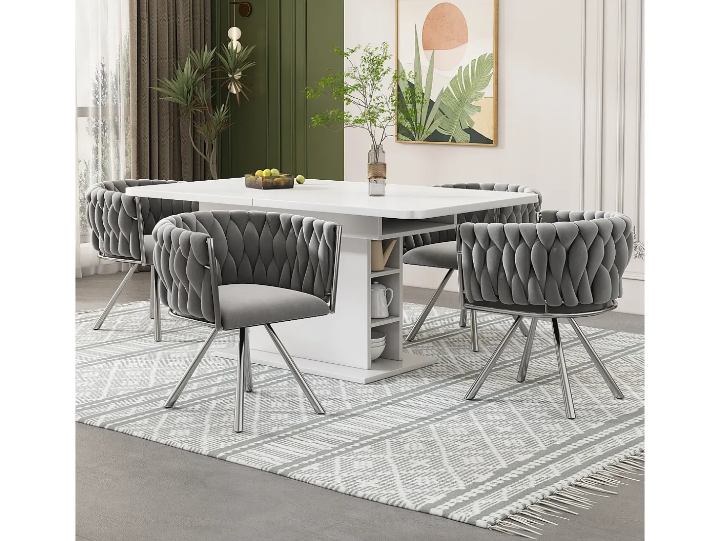 Juego de 4 sillas giratorias con reposabrazos, patas de metal plateado y tapizadas en terciopelo gris.