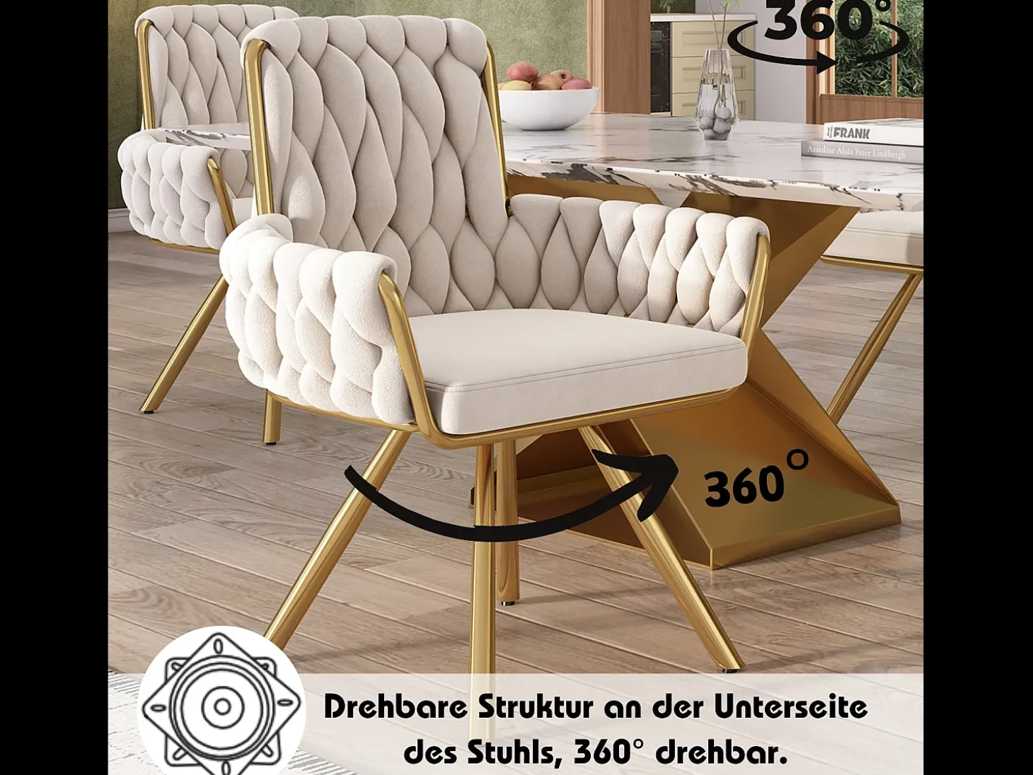 Juego de 2 sillas giratorias de terciopelo - 87 x 50 x 55 cm - Sillón con cuatro patas de metal - Beige