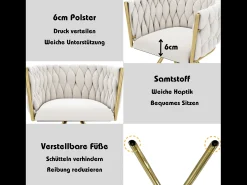 Juego de 6 sillas giratorias con patas de metal dorado y tapizadas en terciopelo beige.