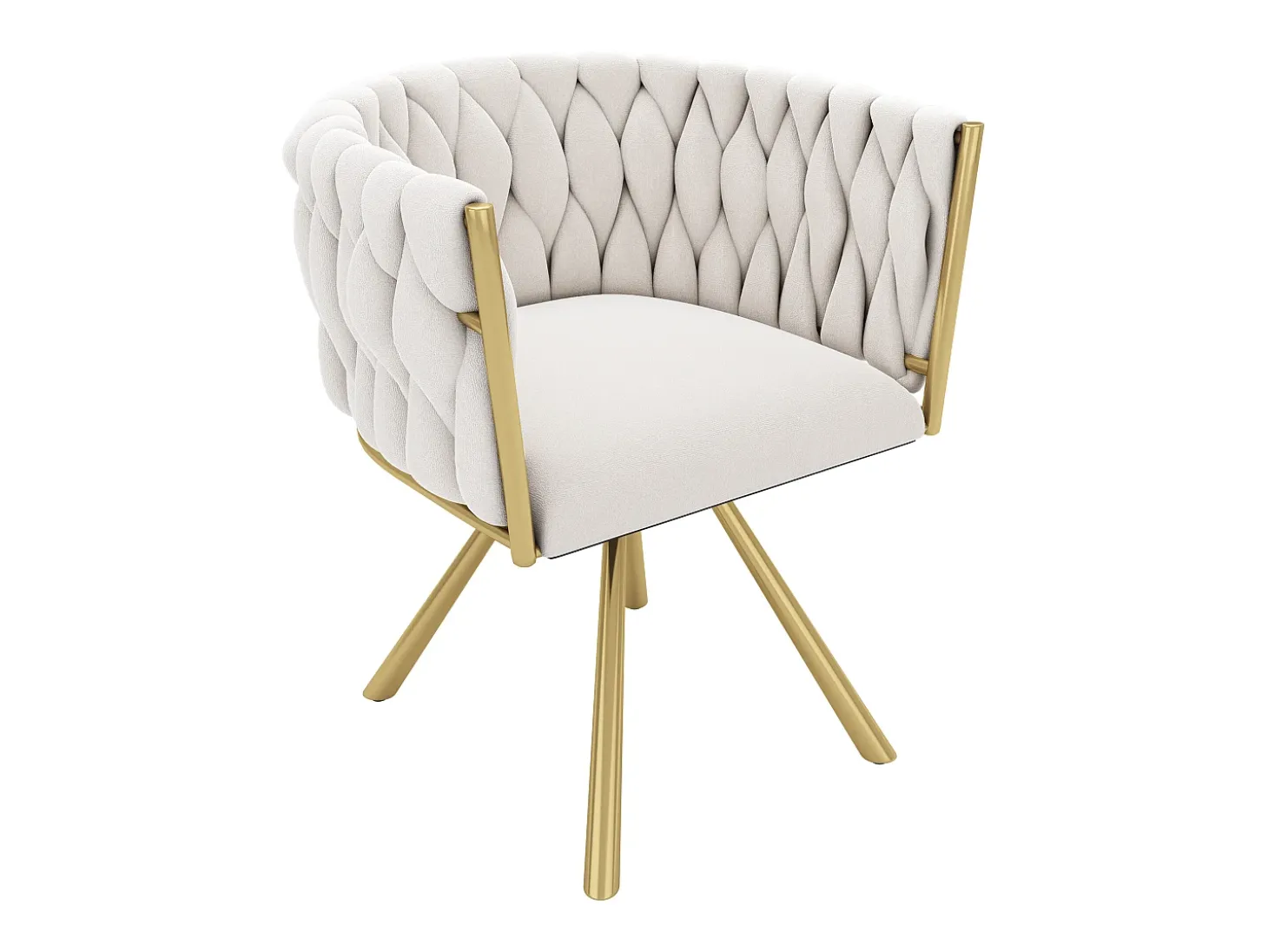 Juego de 6 sillas giratorias con patas de metal dorado y tapizadas en terciopelo beige.