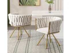 Juego de 6 sillas giratorias con patas de metal dorado y tapizadas en terciopelo beige.