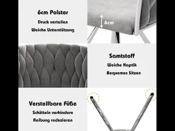 Juego de 4 sillas giratorias de terciopelo - 72 x 44 x 59 cm - Salón y dormitorio - Cuatro patas de metal plateado - Gris